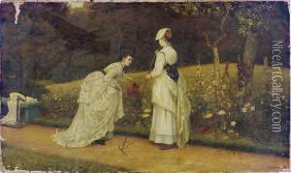 Elegant Ladies Tending To The Garden Oil Painting - Arthur Langley Vernon