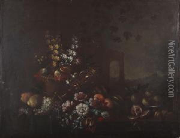 A Still Life Of Assorted Fruit And Flowers On A Ledge Oil Painting - Michele Pace Del (Michelangelo di) Campidoglio