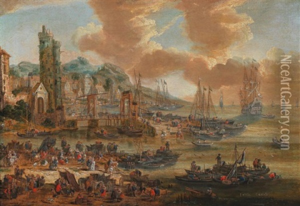 View Of A Harbour Oil Painting - Pieter Casteels the Younger