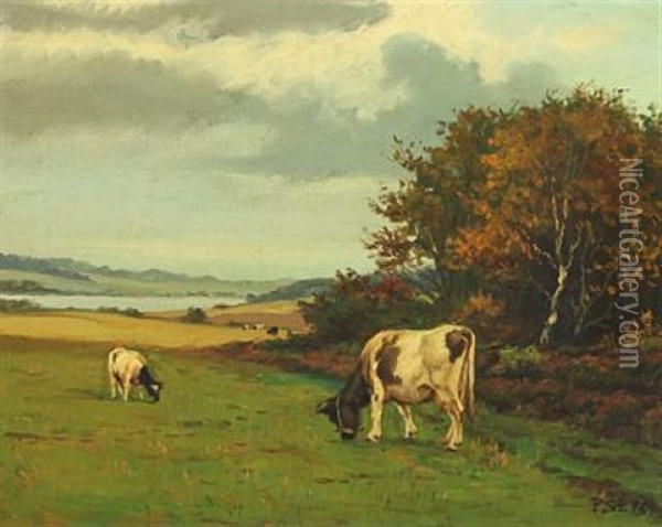 Landscape With Cows Oil Painting - Poul Steffensen