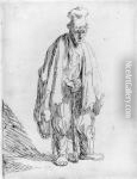 A Beggar In A High Cap, Standing And Leaning On A Stick Oil Painting - Rembrandt Van Rijn