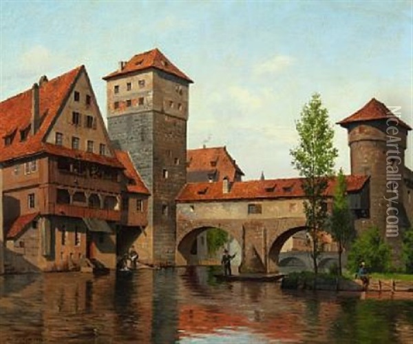 Scene From Nurnberg With People By The River Oil Painting - August Fischer