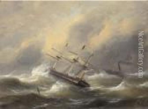 Sailing Ships In Stormy Weather Oil Painting - Govert Van Emmerik