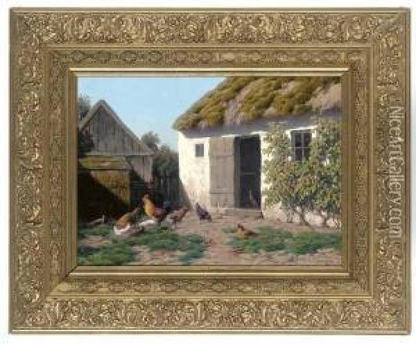 A Cockerel And Hens Feeding In A Farmyard Oil Painting - Carl Frederick Bartsch