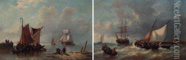 Shipping In A Calm; Shipping On A Choppy Sea Oil Painting - George Willem Opdenhoff