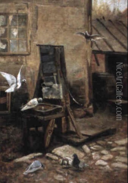 Pigeons At The Pump Oil Painting - Mildred Anne Butler