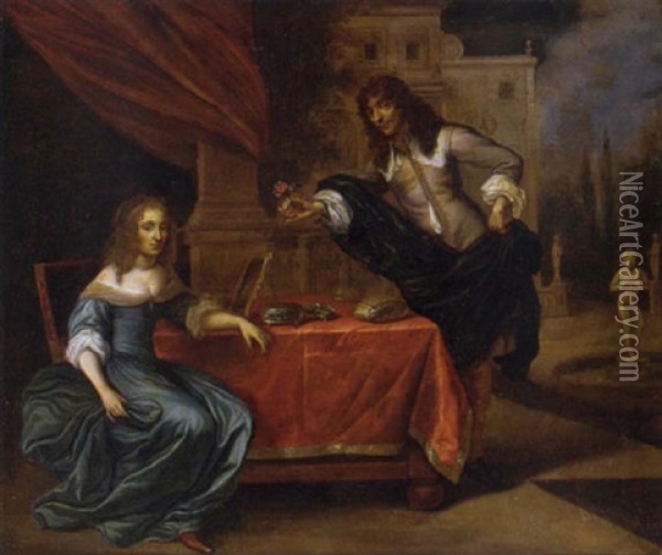 An Elegant Courting Couple In A Garden Oil Painting - Carel van Savoyen