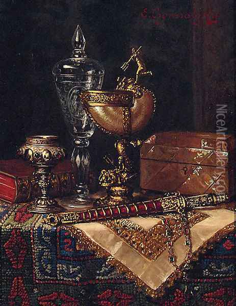 A Nautilus Cup, A Dagger, A Book And A Trinket Box On A Table Oil Painting - Ernst Czernotzky
