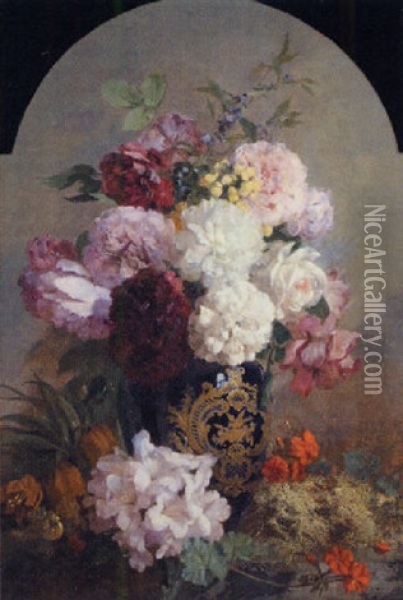 A Still Life Of Paeonies, Roses, Geraniums And Rhododendrons In A Vase Oil Painting - Anne Ferray Mutrie