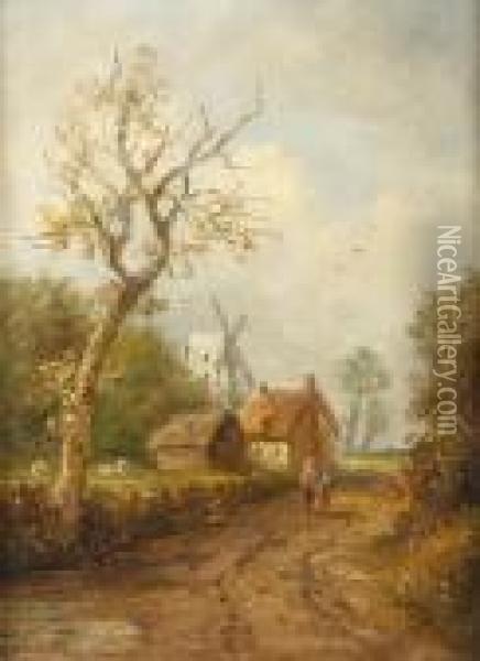 Country Lane With Windmill Oil Painting - John Moore Of Ipswich