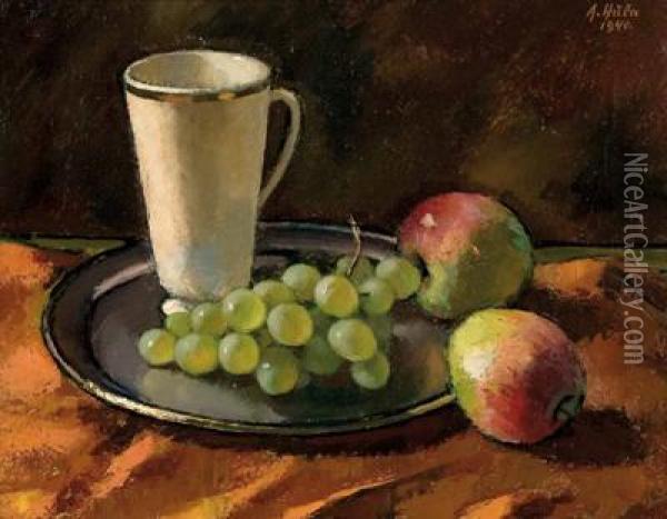 Stillleben Mit Trinkbecher,trauben Und Apfeln Oil Painting - Anton Hula
