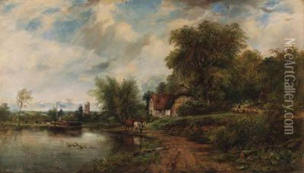 View Of Shepperton And St. 
Nicholas' Parish Church, With Sheppertonmanor House In The Foreground Oil Painting - Frederick Waters Watts