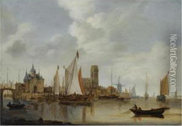 Shipping On The Maas With A View On Dordrecht Oil Painting - C.W. Schut