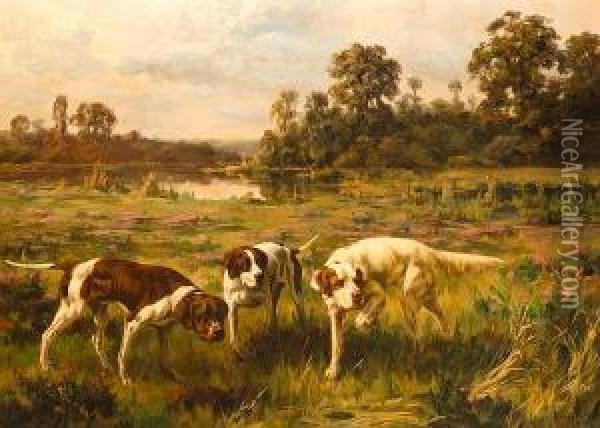 Two Pointers And A Setter Stalking Game Oil Painting - Percival Leonard Rosseau