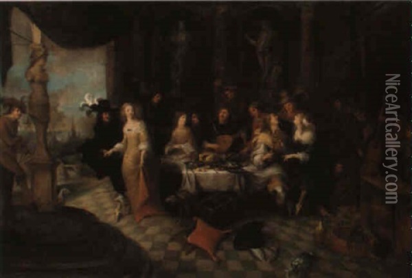 Elegant Company Feasting, Making Music And Dancing Oil Painting - Hieronymous (Den Danser) Janssens