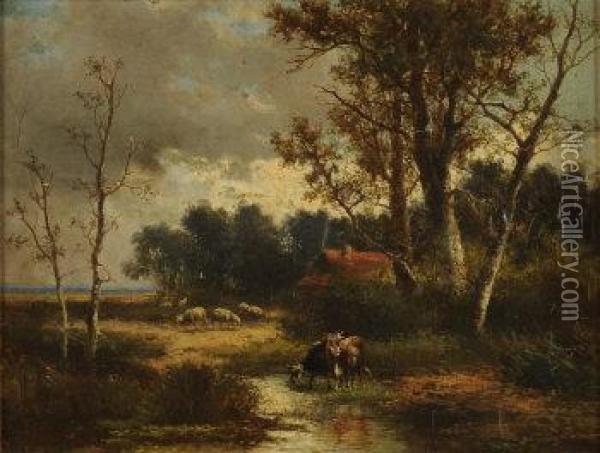 Cottage On The Edge Of Woodland With Sheep Grazing And Cattle Watering In The Foreground Oil Painting - Abraham Hulk Jun.