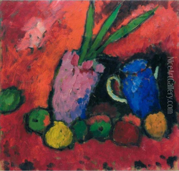 Stilleben Mit Hyazinthe, Blauem 
Krug Und Apfeln (still-life With Hyacinth, Blue Jug And Apples) Oil Painting - Alexei Jawlensky