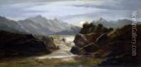 Rapids In A Mountainous Landscape, With The Moon Rising Oil Painting - Charles Leslie