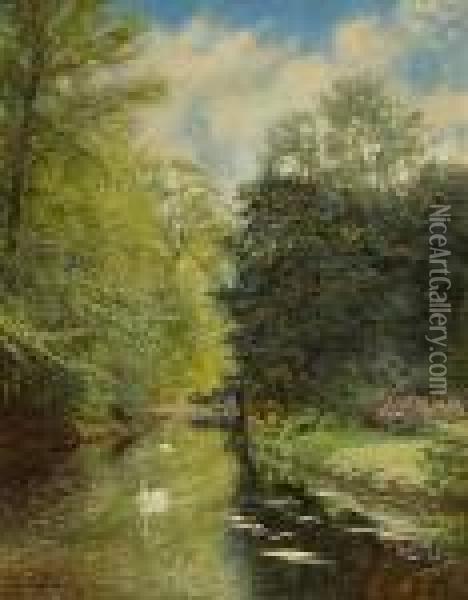 A Tranquil River Landscape With Two Swans On The Water Oil Painting - Olaf Viggo Peter Langer