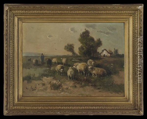 Shepherd In A Field, A Farmhouse In The Distance Oil Painting - Henry Schouten