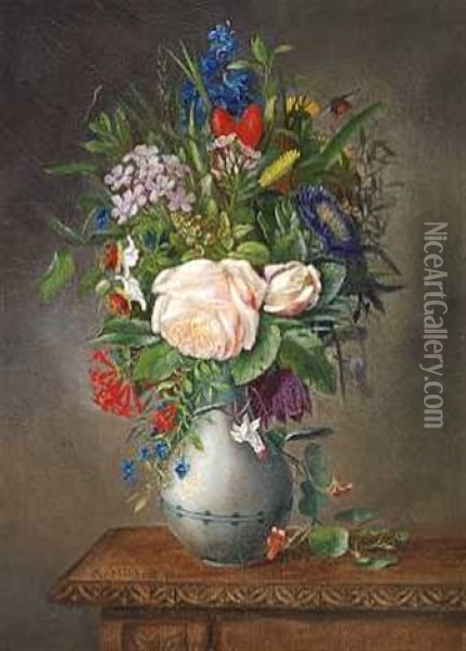 En Sommerbuket I En Vase Pa Et Bord Oil Painting - Christian Juel Moellback