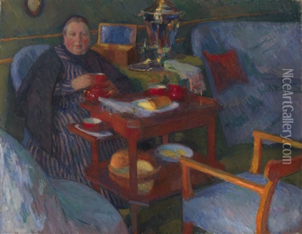 Woman Drinking Tea Oil Painting - Osip Emmanuelovich Braz