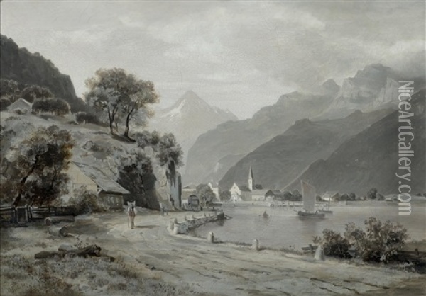 View From Fluelen With The Old Gotthard Road And The Urirotstock In The Background Oil Painting - Otto Froelicher