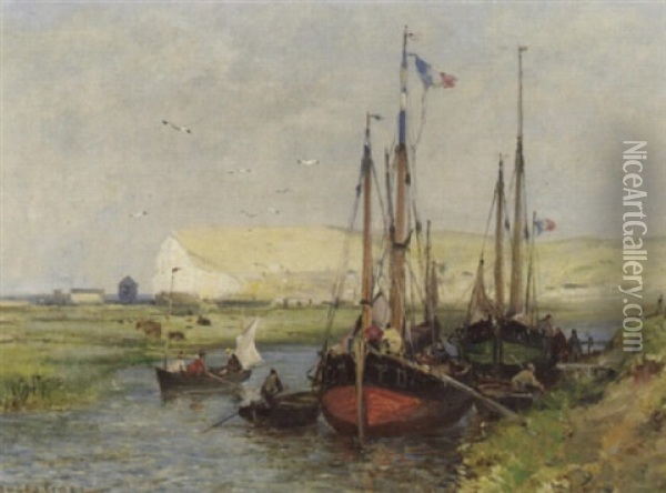 Kanallandschaft Mit Segelschiffen Oil Painting - Jules Achille Noel