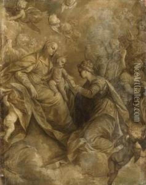 The Mystic Marriage Of Saint 
Catherine Of Alexandria, With Angelsand Cherubim, En Grisaille Oil Painting - Donato Creti
