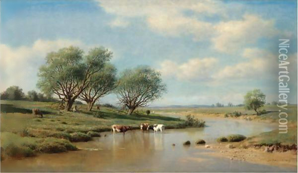 Cattle Watering Oil Painting - Mikhail Konstantinovich Klodt
