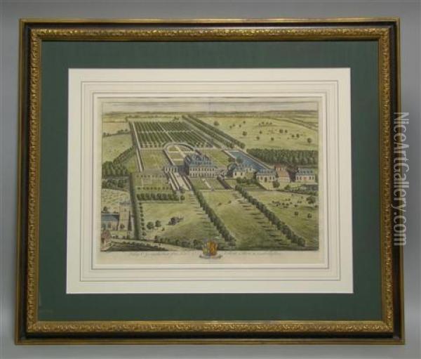 Two Birdseye Views Of English Country Estates Oil Painting - Johannes Kip