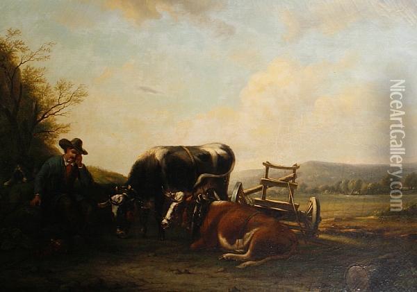 A Farmer With Oxen Resting Beside A Cart Oil Painting - Frederik Lodewijk Huygens