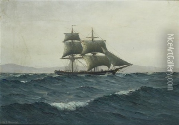Marine Med Tomastet Skonnert I Frisk Kuling, I Baggrunden Bjergrig Kyst Oil Painting - Emanuel A. Petersen