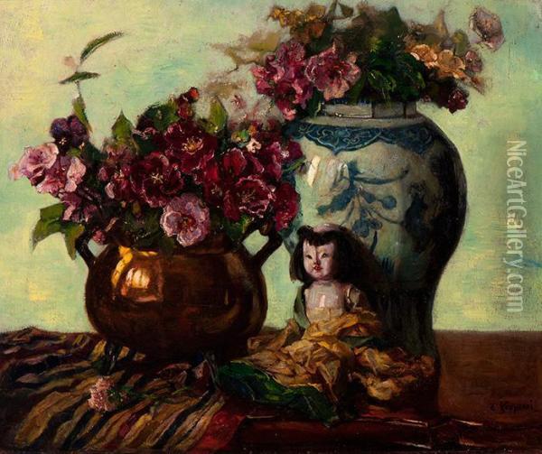 Still Life With Brass Pitcher, Chinesevase And Doll Oil Painting - Cornelis Koppenol