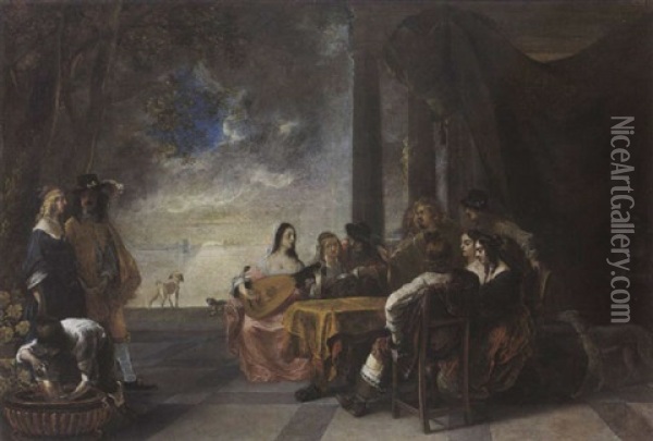 An Elegant Company Making Music On A Terrace At Night, With A Lake Beyond Oil Painting - Gerard Pietersz van Zyl
