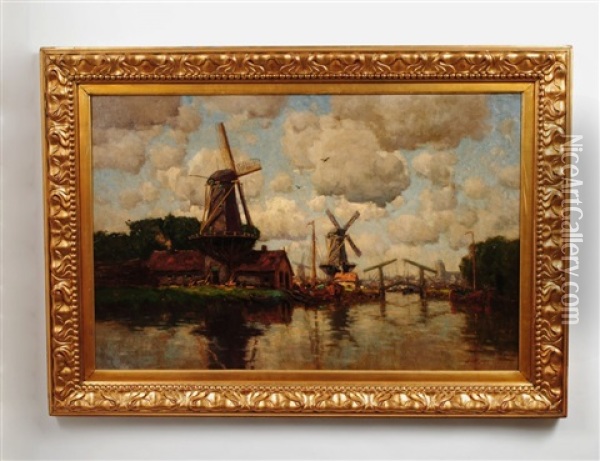 Canal Scene With Windmills Oil Painting - Hermanus Koekkoek the Younger