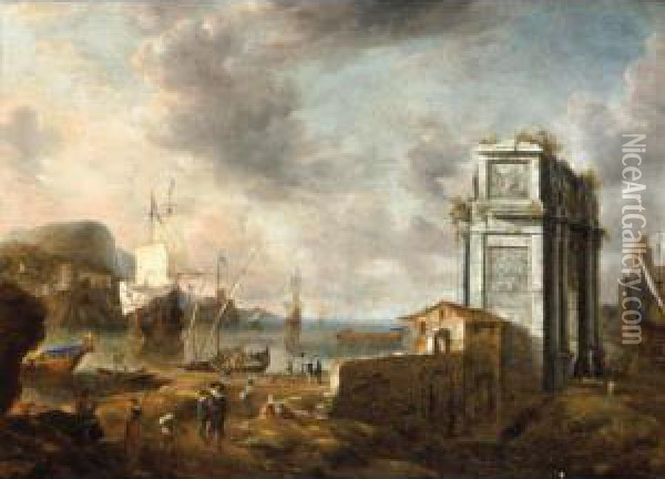 A Capriccio Of A Mediterranean 
Harbour With Elegant Figures And A Roman Triumphal Arch, A Dutch 
Man-of-war Beyond Oil Painting - Jan Abrahamsz. Beerstraaten