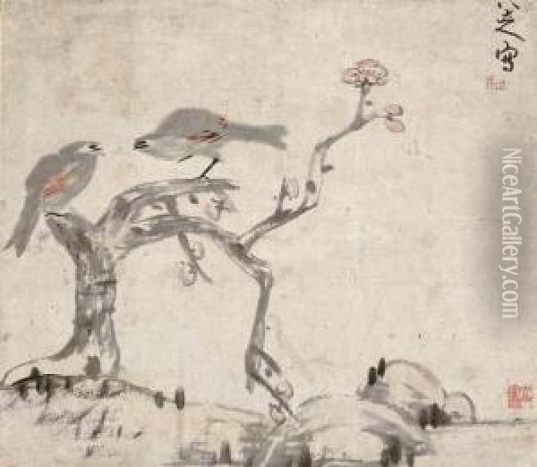 Birds, Plum Blossoms, And Rock Oil Painting - Bada Shanren