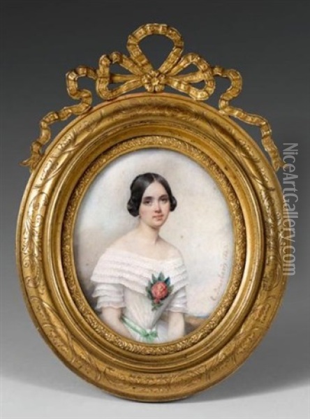 Portrait De Jeune Femme En Robe Blanche Ornee D'un Carnelia Oil Painting - Etienne Bouchardy