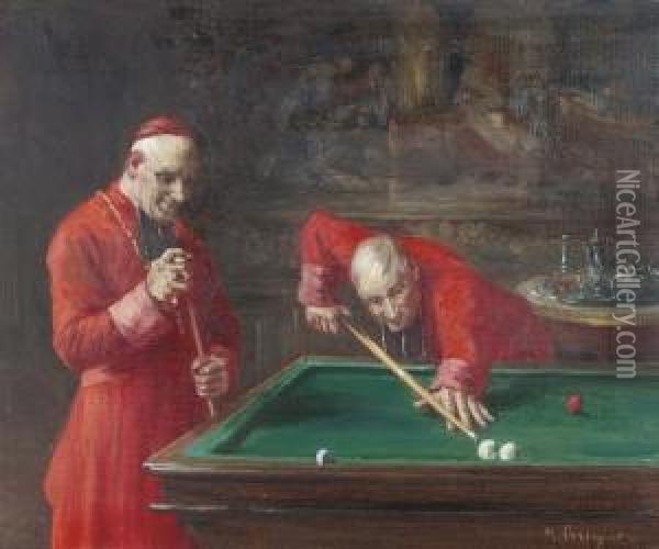 Zwei Billard Spielende Kardinale. Oil Painting - Henri Brispot