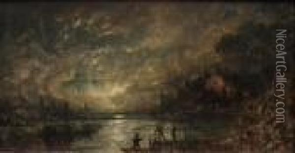 Moonlit River
Scene With Fishermen Oil Painting - Aert van der Neer
