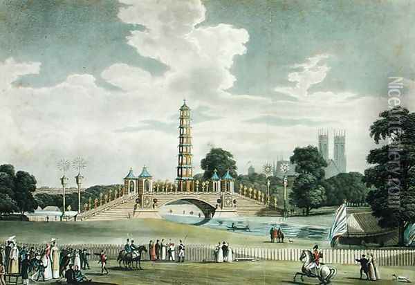 View of the Bridge and Pagoda, St. Jamess Park, Erected for the Grand Jubilee, In Celebration of the Peace, engraved by J. R. Hamble, 1814 Oil Painting - Augustus Charles Pugin