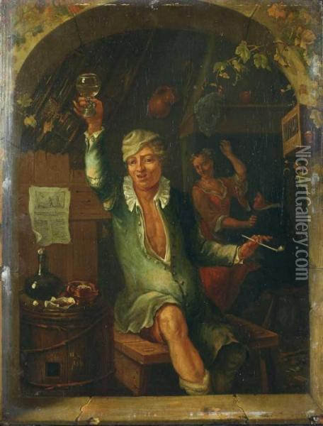 Sitzender Mann Mit Romer Und Pfeife. Oil Painting - Dominicus van Tol