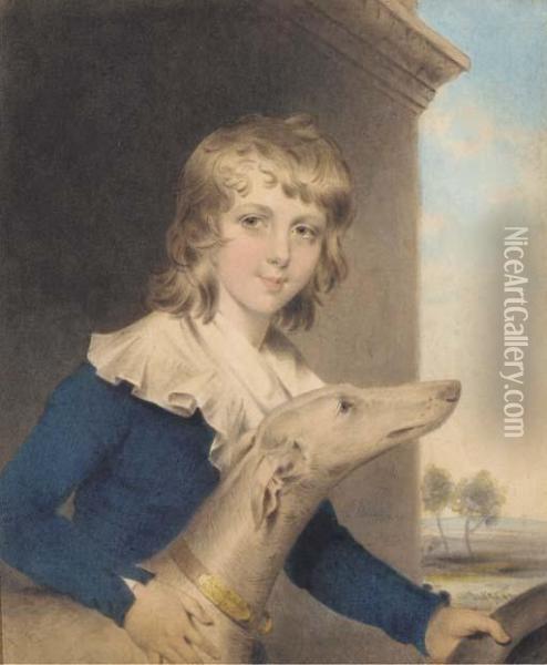 Portrait Of Master Twisden, 
Three-quarter-length, In A Blue Coat,with A White Collar, Beside A 
Whippet, Holding A Hat, A Landscapebeyond Oil Painting - John Downman