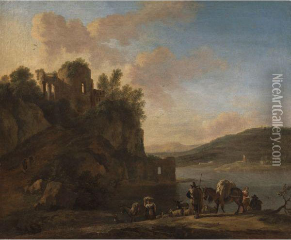 An Italianate River Landscape With Herders On A Path With Their Flock And Donkeys, Classical Ruins On A Hilltop Beyond Oil Painting - Jan Asselyn