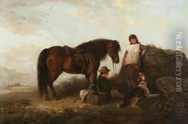 Waiting - A Boy And Girl With Bay Pony, Dog And Picnic Basket Oil Painting - Edward Robert Smythe