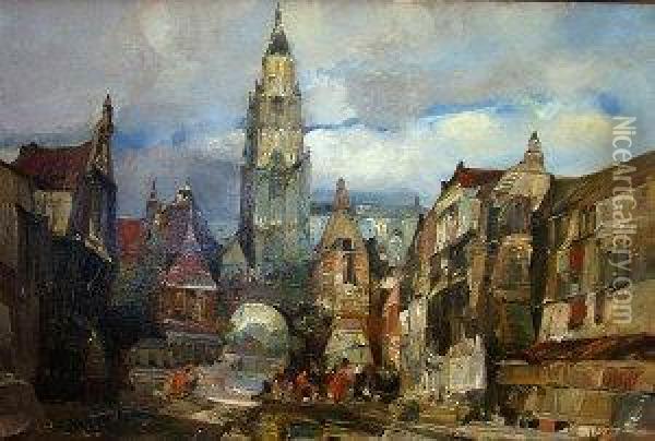 Busy Street Scene In A European Town Oil Painting - Guillaume Vogels