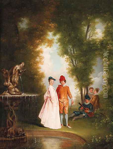 An elegant couple by a sculpted fountain Oil Painting - Jean-Antoine Watteau