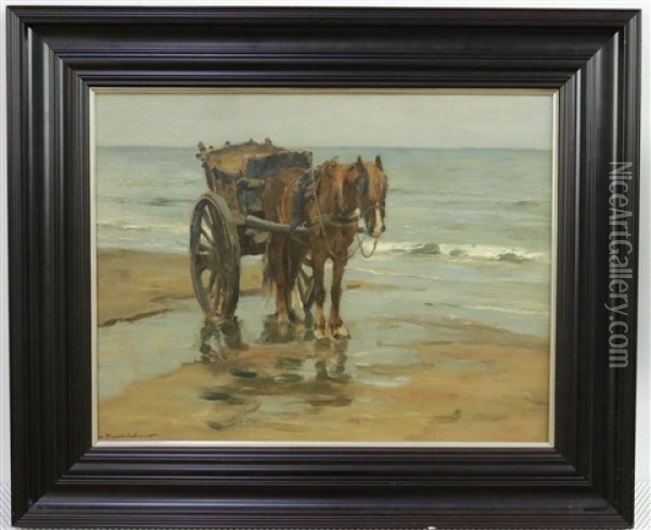 Strandscene Met Paard Ingespannen Voor De Tweewielige Kar Van De Schelpenvisser Oil Painting - Wilhelm Hambuechen