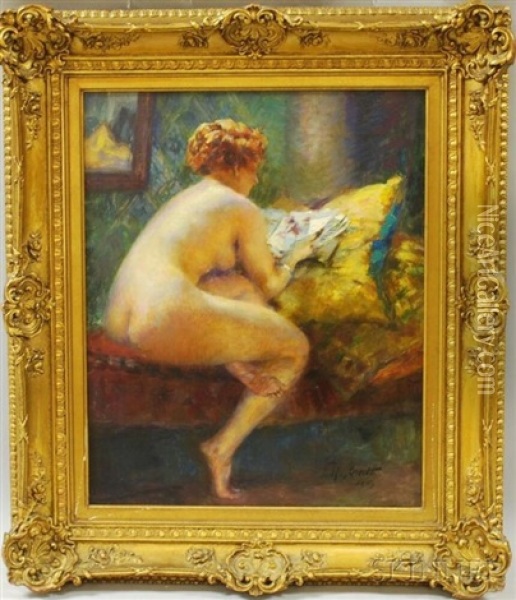 Seated Nude, Reading Oil Painting - Ferdinand Max Bredt